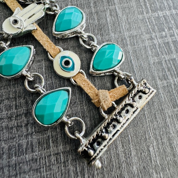 Hamsa Hand Charm with Turquoise pieces | Leather Accent - Picture 3 of 4